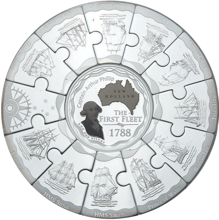 Монета срібна “Перший флот Австралії” 155,5 г, ціна за грам 6.66 USD на 2026.01.20. Банківські монети Київ. Передня сторона